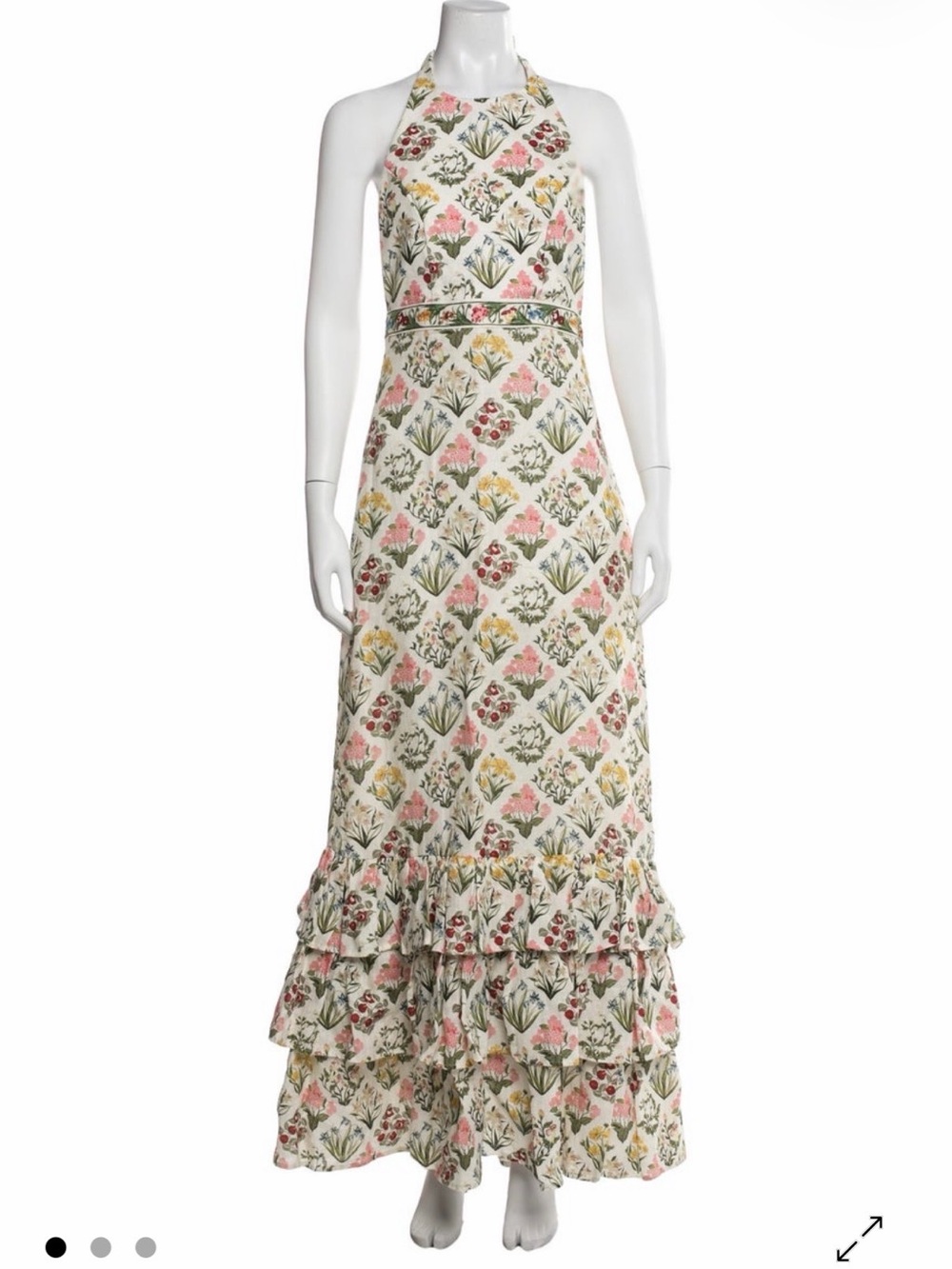 Agua by Agua Bendita Cream Floral Halter Maxi Dress with Pink and Green Accents